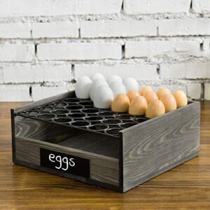 MyGift Vintage Gray Wood Egg Tray Holder with Black Metal, 2 Tier Egg Storage Tray with Erasable Chalkboard Label