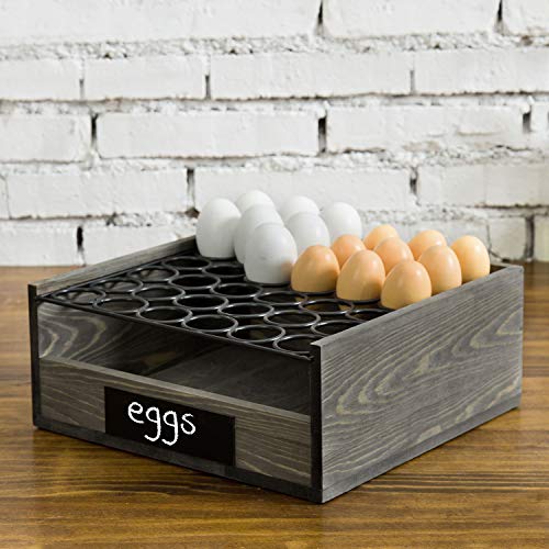 MyGift Vintage Gray Wood Egg Tray Holder with Black Metal, 2 Tier Egg Storage Tray with Erasable Chalkboard Label