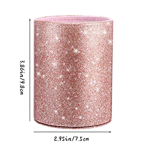 PU Glitter Pen Holder Pencil Cup Rose Gold Shiny for Women Girls, Luxury Makeup Brush Holder Pu Leather Organizer Cup Gift for Desk Office Classroom Home