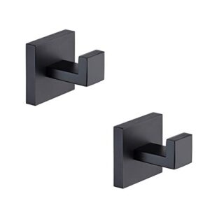 tastos bath towel hooks matte black, 2 pack stainless steel robe coat and clothes hook, heavy duty wall hook for bathroom & kitchen, modern square style wall mounted (black)