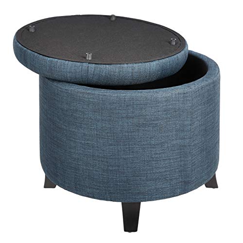 FIRST HILL FHW Round Storage Ottoman with Removable Lid Blue fabric