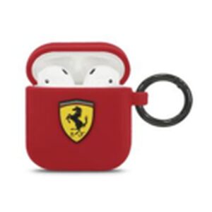 ferrari airpods case cover in red on track with ring slot, compatible with apple airpods 1 and airpods 2, silicone protective hard case, shockproof, wireless charging, and signature metal logo