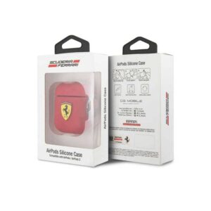 Ferrari AirPods Case Cover in Red On Track with Ring Slot, Compatible with Apple AirPods 1 and AirPods 2, Silicone Protective Hard Case, Shockproof, Wireless Charging, and Signature Metal Logo