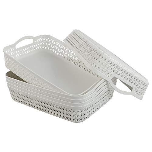 HOMMP White Plastic Storage Basket Tray, Pack for 6 (Large)