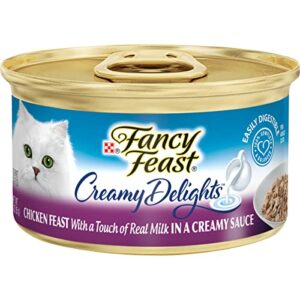 fancy feast purina, creamy delight, chicken feast with a touch of real milk in a creamy sauce, 3 oz (pack of 6 cans)