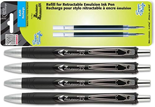 Zebra Z-Mulsion EX Ballpoint Black 1mm Pen Bundle 4 Pens (34210) + 2 Pack Refills (87312)