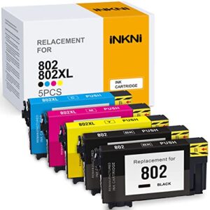 inkni remanufactured ink cartridge replacement for epson 802 802xl t802xl for workforce pro wf-4730 wf-4734 wf-4740 wf-4720 ec-4020 ec-4030 ec-4040 printer ink (black, cyan, magenta, yellow, 5-pack)