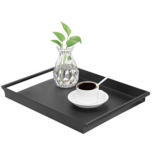 MyGift Decorative Serving Tray - Vintage Style Matte Black Metal Ottoman Coffee Table/Vanity Tray with Sleek Rounded Cutout Handles