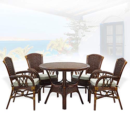 Alexa Round Dining Table Dark Walnut Color Natural Rattan Wicker Handmade Design