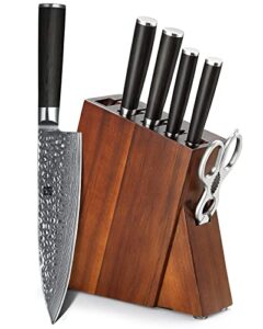 xinzuo 7pc damascus steel kitchen knife set with acacia wood block,multifunctional kitchen scissors,professional sharp chef knife forged vegetable knife with pakkawood handle- he series