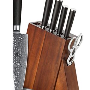 XINZUO 7PC Damascus Steel Kitchen Knife Set with Acacia Wood Block,Multifunctional Kitchen Scissors,Professional Sharp Chef Knife Forged Vegetable Knife with Pakkawood Handle- He Series