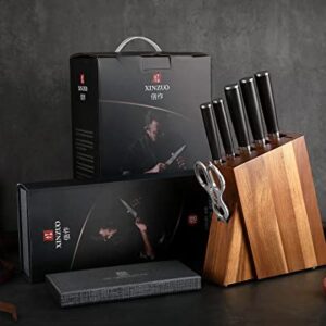 XINZUO 7PC Damascus Steel Kitchen Knife Set with Acacia Wood Block,Multifunctional Kitchen Scissors,Professional Sharp Chef Knife Forged Vegetable Knife with Pakkawood Handle- He Series