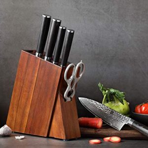 XINZUO 7PC Damascus Steel Kitchen Knife Set with Acacia Wood Block,Multifunctional Kitchen Scissors,Professional Sharp Chef Knife Forged Vegetable Knife with Pakkawood Handle- He Series