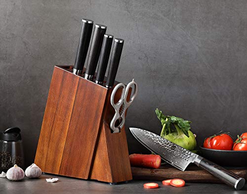 XINZUO 7PC Damascus Steel Kitchen Knife Set with Acacia Wood Block,Multifunctional Kitchen Scissors,Professional Sharp Chef Knife Forged Vegetable Knife with Pakkawood Handle- He Series