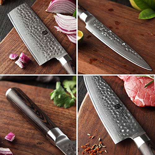 XINZUO 7PC Damascus Steel Kitchen Knife Set with Acacia Wood Block,Multifunctional Kitchen Scissors,Professional Sharp Chef Knife Forged Vegetable Knife with Pakkawood Handle- He Series