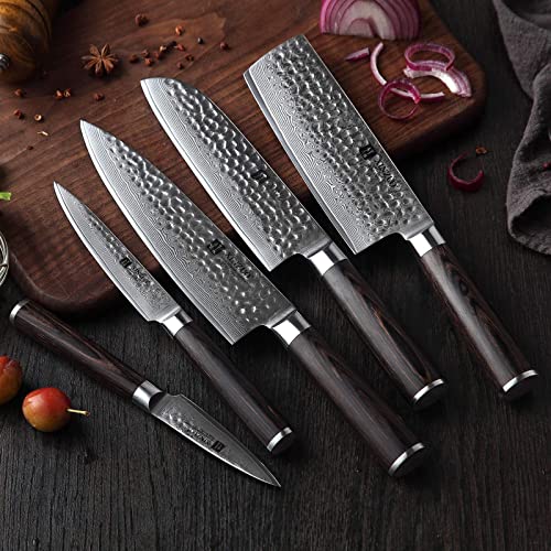 XINZUO 7PC Damascus Steel Kitchen Knife Set with Acacia Wood Block,Multifunctional Kitchen Scissors,Professional Sharp Chef Knife Forged Vegetable Knife with Pakkawood Handle- He Series