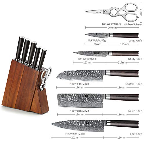 XINZUO 7PC Damascus Steel Kitchen Knife Set with Acacia Wood Block,Multifunctional Kitchen Scissors,Professional Sharp Chef Knife Forged Vegetable Knife with Pakkawood Handle- He Series