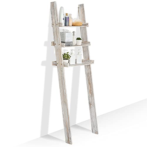 MyGift Over-The-Toilet Storage Shelves, 3-Tier Rustic Whitewashed Wood Leaning Bathroom Ladder Shelf