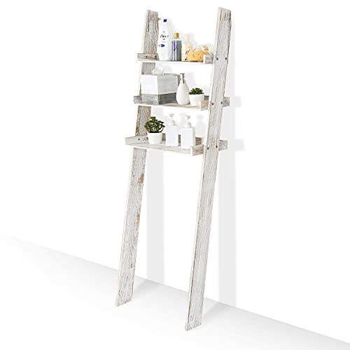 MyGift Over-The-Toilet Storage Shelves, 3-Tier Rustic Whitewashed Wood Leaning Bathroom Ladder Shelf