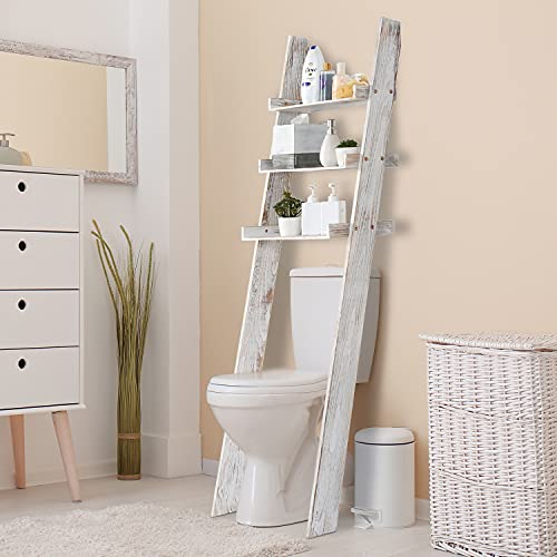 MyGift Over-The-Toilet Storage Shelves, 3-Tier Rustic Whitewashed Wood Leaning Bathroom Ladder Shelf