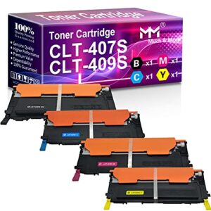 mm much & more compatible toner cartridge replacement for samsung clp-325 clt-409s clt-407s used for clx-3185fw 3185n clp-320n clp-321n clp-325w clx-3170 printer (black, cyan, magenta, yellow, 4-pack)