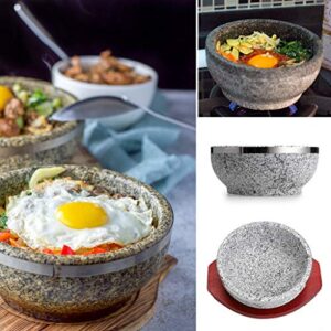 MDLUU 2 Pcs Dolsot Bibimbap Bowl 32 Oz, Granite Stone Bowl with Wood Base, Dolsot Pot for Korean Soup, Rice and Stew