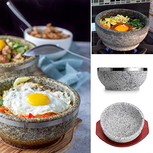 MDLUU 2 Pcs Dolsot Bibimbap Bowl 32 Oz, Granite Stone Bowl with Wood Base, Dolsot Pot for Korean Soup, Rice and Stew