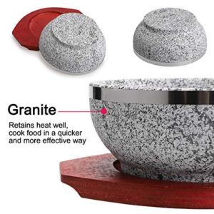 MDLUU 2 Pcs Dolsot Bibimbap Bowl 32 Oz, Granite Stone Bowl with Wood Base, Dolsot Pot for Korean Soup, Rice and Stew