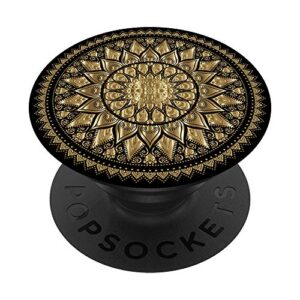festive sun mandala with golden and black pattern popsockets popgrip: swappable grip for phones & tablets