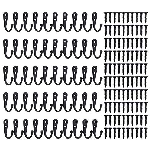 Tebery 50 Pack Wall Mounted Coat Hook Robe Hooks Black Rustic Hooks with Screws for Bath Kitchen Garage