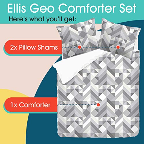Refinery29 | Ellis Geo Bedding Collection | Modern Reversible Luxury Ultra Soft Comforter, All Season Premium 4 Piece Set with Geometric Printed Design (Full/Queen, Grey)