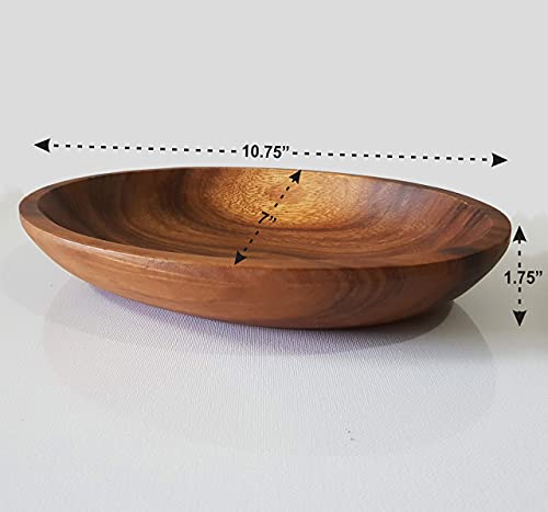 WRIGHTMART Wooden Bowl for Food, Versatile, Useful as a Jewelry and Coin Catchall or a Oval Shaped Server for Salads, Pasta, Nut Mixes, Durable, Decorative, Small Acacia Wood Bowl, 10.75" x 7"x 1.5"