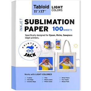 printers jack sublimation paper 100 sheets 11" x 17" 120 gsm for any epson sawgrass inkjet printer with sublimation ink for t-shirt, ceramic, mouse pad, towel, diy unique gifts