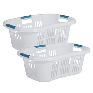 rubbermaid 2.1 bushel small hip hugger portable plastic home laundry basket with grab through handles, white (2-pack)