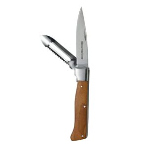 messermeister adventure chef folding peeler & parer - includes full-sized paring knife, peeler & scaler - 303 stainless steel & carbonized maple handle