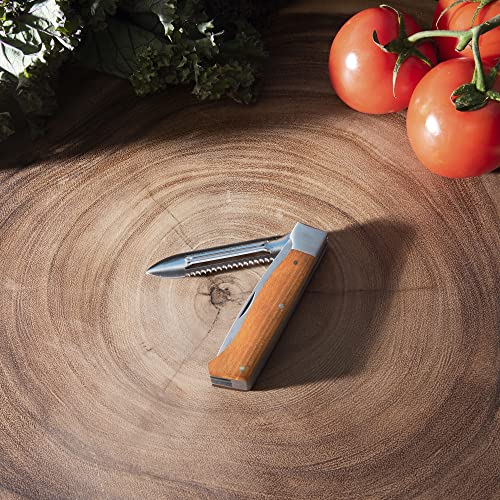 Messermeister Adventure Chef Folding Peeler & Parer - Includes Full-Sized Paring Knife, Peeler & Scaler - 303 Stainless Steel & Carbonized Maple Handle