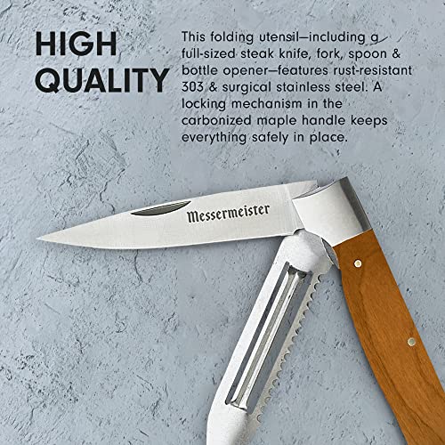 Messermeister Adventure Chef Folding Peeler & Parer - Includes Full-Sized Paring Knife, Peeler & Scaler - 303 Stainless Steel & Carbonized Maple Handle