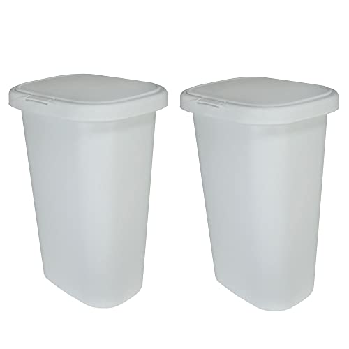 Rubbermaid 13 Gallon Rectangular Spring-Top Lid Kitchen Wastebasket Trash Can for Tall Trashbags, White (2 Pack)