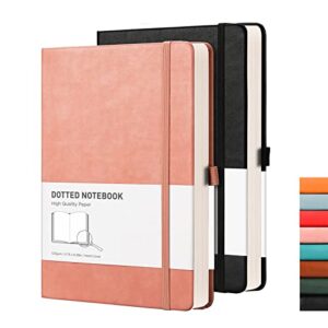 rettacy dotted bullet grid journal 2 pack - dot grid hard cover notebook with 320 pages,120gsm thick paper,smooth pu leather,inner pocket,5.75'' × 8.38'' (black pink)