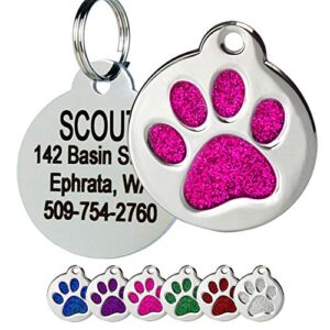 gotags paw print round stainless steel pet tag for dogs and cats, personalized with 4 lines of custom engraved id, in solid stainless steel and 5 enameled colors: blue, green, pink, purple and red