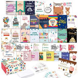 feela Birthday Cards, 40 Pack 40 Designs Happy Birthday Card Assorted Bulk with 40 Blank Envelopes 48 Pieces of Stickers 2 Washi Tapes, 4 X 6 Inches Greeting Cards For Girls Family Friends