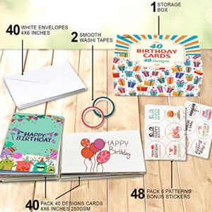 feela Birthday Cards, 40 Pack 40 Designs Happy Birthday Card Assorted Bulk with 40 Blank Envelopes 48 Pieces of Stickers 2 Washi Tapes, 4 X 6 Inches Greeting Cards For Girls Family Friends