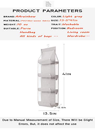 AARAINBOW 1 Pack Hanging Handbag Purse Organizer, Polyester Fiber+PVC Purse Bag Organizor 8 Pockets Wardrobe Closet Space Saving, Washable, 41L x 13.5W (B-Light Gray)