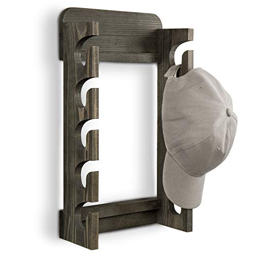 MyGift Wall Mounted Baseball Cap Organizer Hat Rack with 10 Hooks, Rustic Gray Solid Wood Hanging Hat and Garment Holder