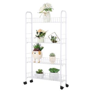 4 tier slim slide out storage rack, kitchen gap shelf with wheels storage basket for bathroom home organizer storage shelf for narrow spaces, white