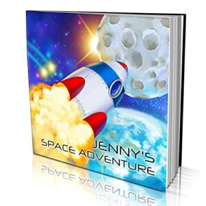 personalized story book by dinkleboo - "space adventure" - a story about your son or daughter going to the moon - for children aged 2 to 8 years old - soft cover - smooth, glossy finish (8"x 8")