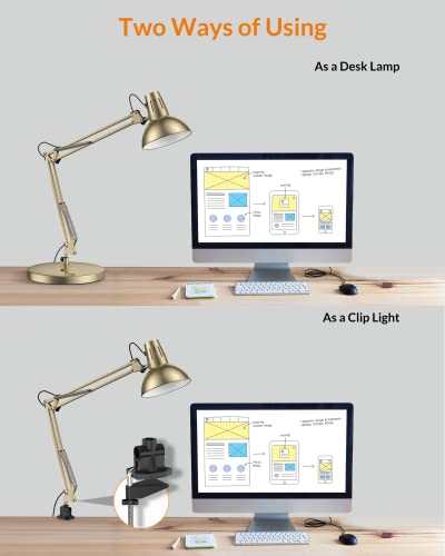 LEPOWER Metal Desk Lamp, Adjustable Goose Neck Architect Table Lamp with On/Off Switch, Swing Arm Desk Lamp with Clamp, Eye-Caring Reading Lamp for Bedroom, Study Room &Office (Brass)