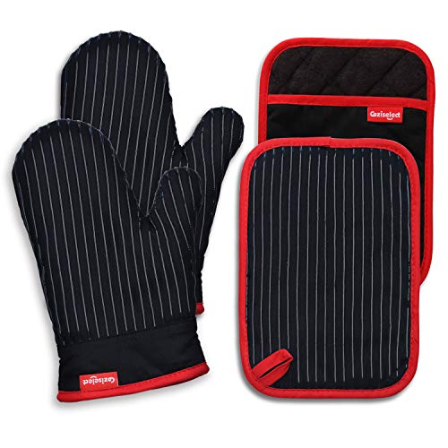 Oven Mitts and Pot Holders Set, Heat Resistant Oven Mitts Gloves Set Hot Pads for Kitchen Cooking Grill, Pure Cotton and Terrycloth Lining, Heavy Duty Thick Gloves Black, 4-Piece Set, by Coziselect