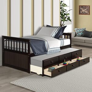 harper & bright designs twin captain's bed storage daybed with trundle and drawers for kids teens and adults, espresso