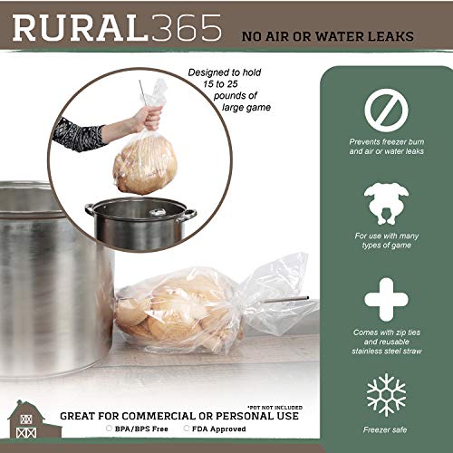 Rural365 Poultry Shrink Bags 25ct Large Turkey Bag - Heat Dip Shrinking Wrap Storage Bags, 16 x 28 Inch with Steel Straw